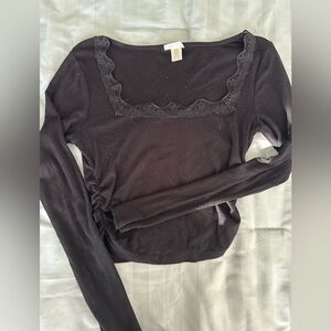 Bozzolo Black Long Sleeve Lace Trim Blouse